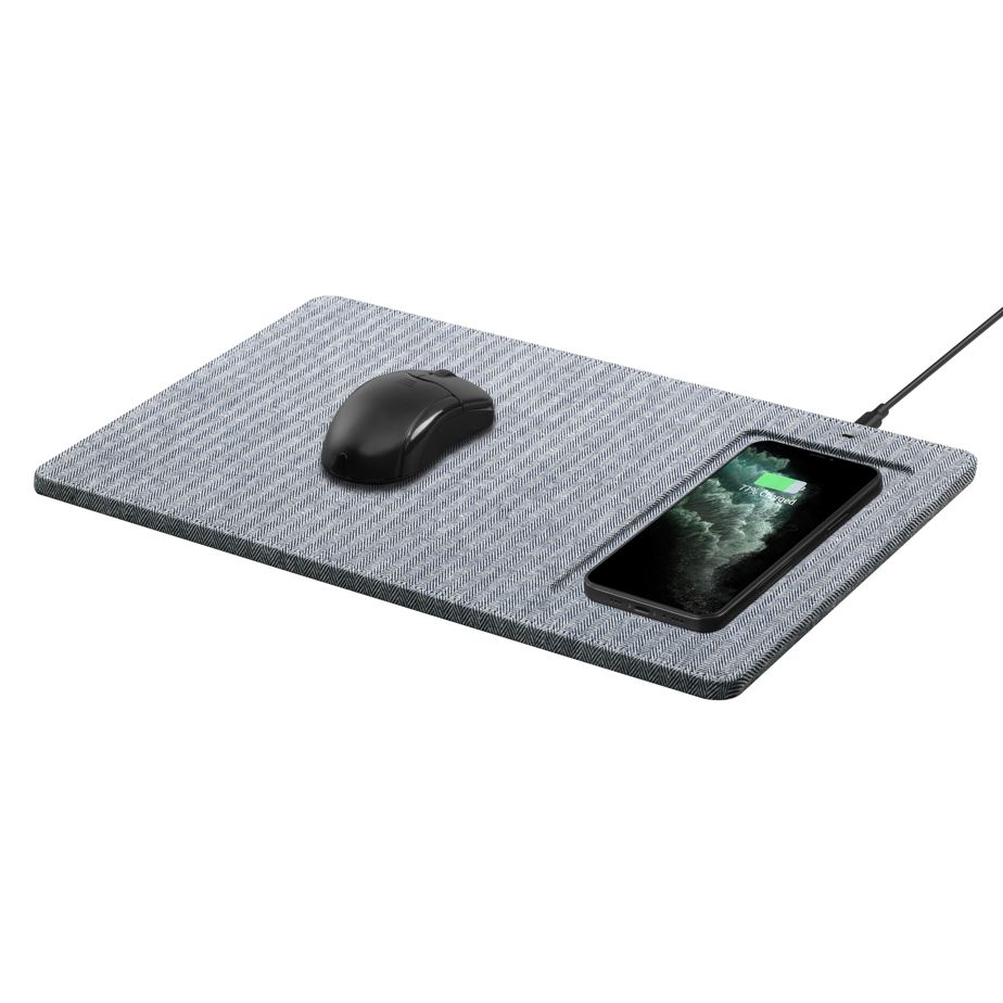 Powerology Fabric Qi Wireless Charging Mouse Pad 10W, Case-Friendly, Fast Wireless Charging Mouse Mat Compatible for 12/12 Pro/12 Pro Max/11/11 Pro/11 Pro Max, Samsung Galaxy S10/S9/S8/Note 10 - Gray Herringbone