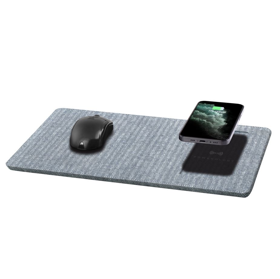 Powerology Fabric Qi Wireless Charging Mouse Pad 10W, Case-Friendly, Fast Wireless Charging Mouse Mat Compatible for 12/12 Pro/12 Pro Max/11/11 Pro/11 Pro Max, Samsung Galaxy S10/S9/S8/Note 10 - Gray Herringbone
